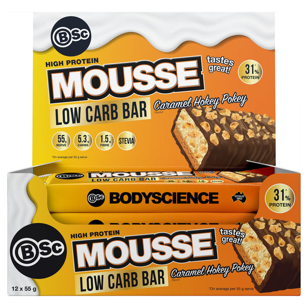 Body Science Low Carb High Protein Mousse Bar 55g - Caramel Hokey Pokey 12 Box