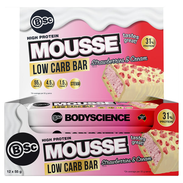 Body Science Low Carb High Protein Mousse Bar 55g - Strawberries & Cream 12 Box
