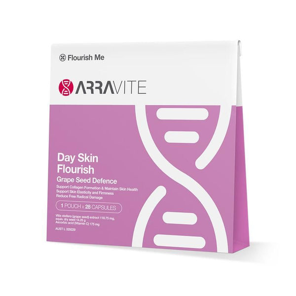 ARRAVITE Day Skin Flourish, Grape Seed Defence 28 Capsule Box