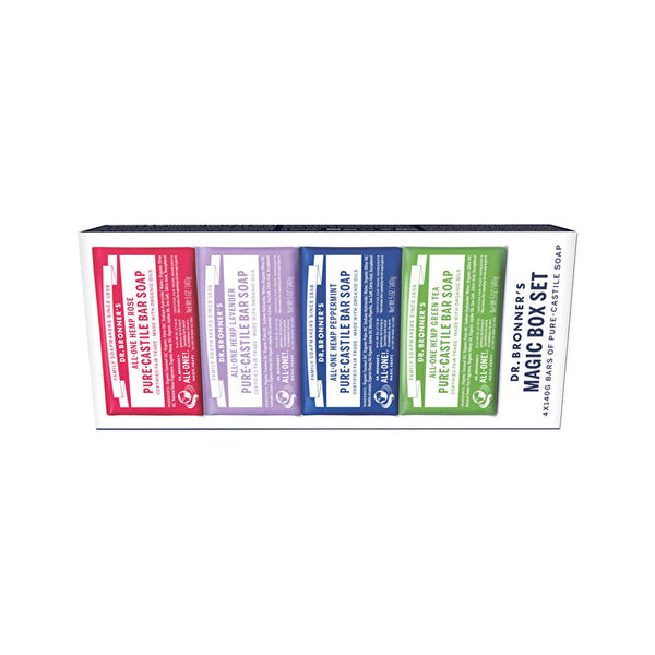Dr. Bronner's Pure-Castile Bar Soap Magic Box Set 140g x 4 Pack (Rose, Lavender, Peppermint & Green Tea)