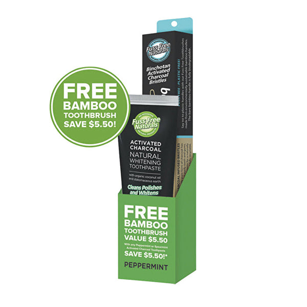 Essenzza Fuss Free Naturals Activated Charcoal Toothpaste Peppermint 113g BONUS Bamboo Toothbrush x 6 Display
