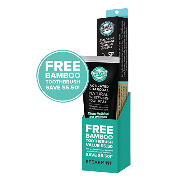 Essenzza Fuss Free Naturals Activated Charcoal Toothpaste Spearmint 113g BONUS Bamboo Toothbrush x 6 Display