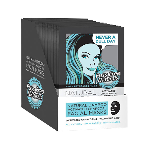Essenzza Fuss Free Naturals Bamboo Facial Mask Activated Charcoal & Hyaluronic Acid x 12 Display