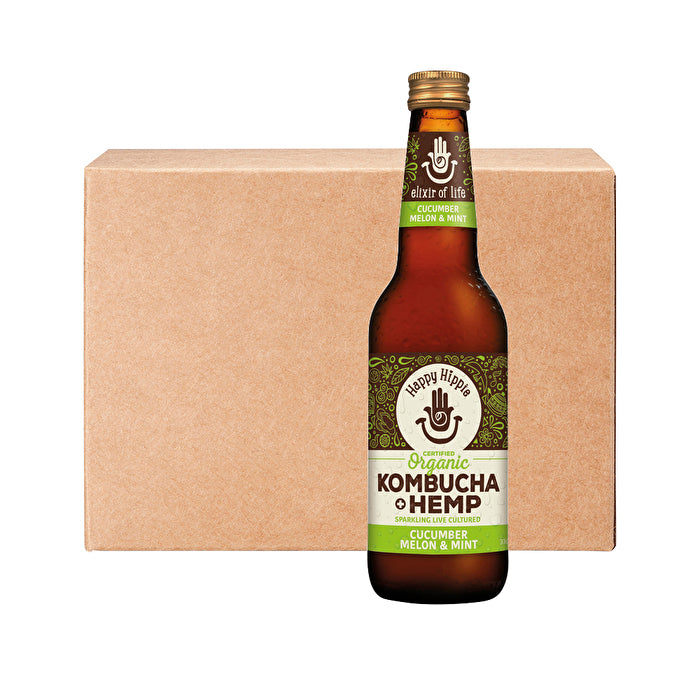 Happy Hippie Organic Kombucha + Hemp Cucumber Melon & Mint 330ml x 12 Pack