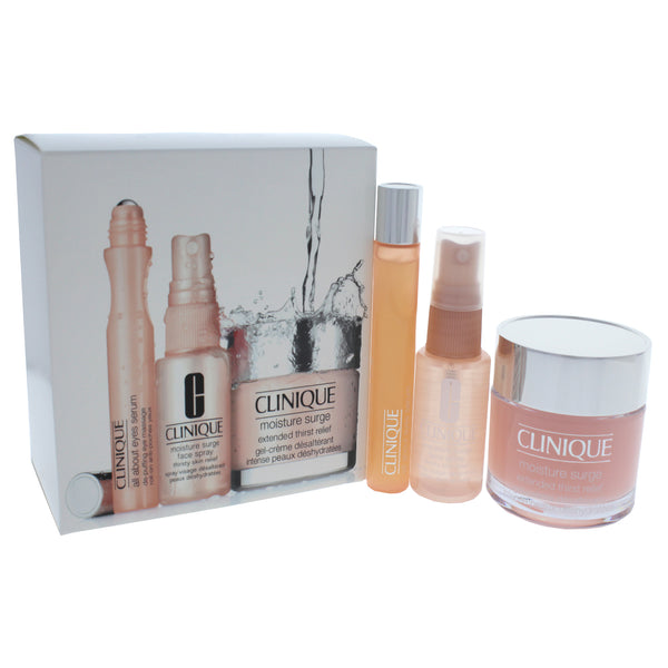 Clinique All About Moisture Kit by Clinique for Unisex - 3 Pc Kit 2.5oz Moisture Surge 100-Hour Auto-Replenishing Hydrato, 1oz Moisture Surge Face Spray Thirsty Skin Relief, 0.5oz All About Eyes Serum De-Puffing Eye Massage Roll-on