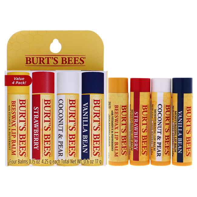 Burts Bees Best Of Burts Moisturizing Lip Balm Set by Burts Bees for Unisex - 4 x 0.15 oz Lip Balm Beeswax, Strawberry, Coconut and Pear, Vanilla Bean