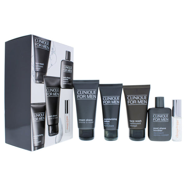 Clinique Clinique Travel Pro by Clinique for Men - 5 Pc Gift Set 0.24oz Clinique Happy EDT Spray, 1.7oz Face Wash, 1.4oz Moisturizing Lotion, 2oz Cream Shave, 1.2oz Post Shave Soother