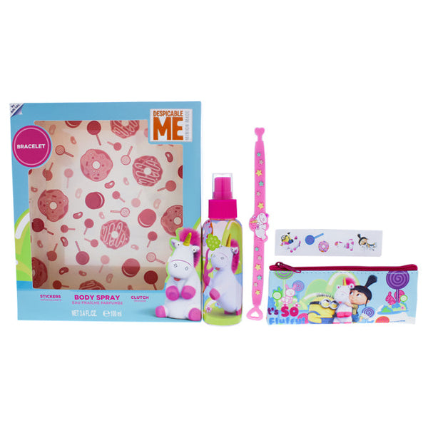 MPF Fluffy by MPF for Kids - 4 Pc Gift Set 3.4oz Body Spray, Clutch, Stickers, Bracelet