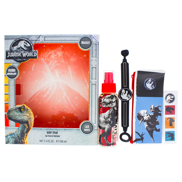 Universal Jurassic World by Universal for Kids - 4 Pc Gift Set 3.4oz Body Spray, Case, Stickers, Bracelet