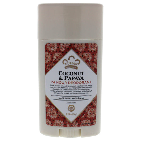 Nubian Heritage Coconut and Papaya 24 Hour Deodorant Stick by Nubian Heritage for Unisex - 2.25 oz Deodorant Stick
