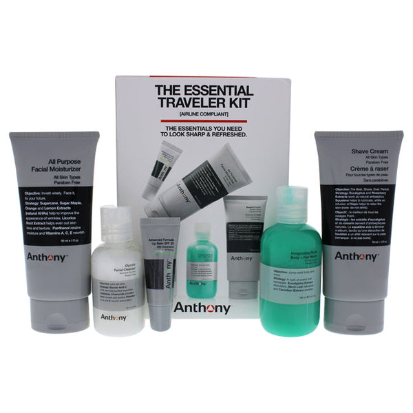 Anthony The Essential Traveler Kit by Anthony for Unisex - 5 Pc 2oz Glycolic Facial Cleanser, 3.4oz Body Wash, 3oz Shave Cream, 3oz Moisturizer, 0.25oz Lip Balm