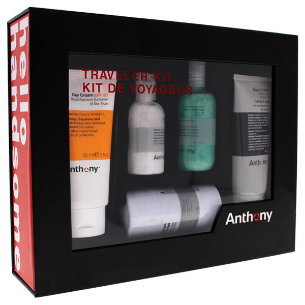 Anthony Traveler Kit by Anthony for Unisex - 5 Pc 2oz Glycolic Facial Cleanser, 3.4oz Invigorating Rush Hair Body Wash, 3oz Shave Cream, 3oz Day Cream SPF 30, 2.5oz Anti-Perspirant and Deodorant Stick