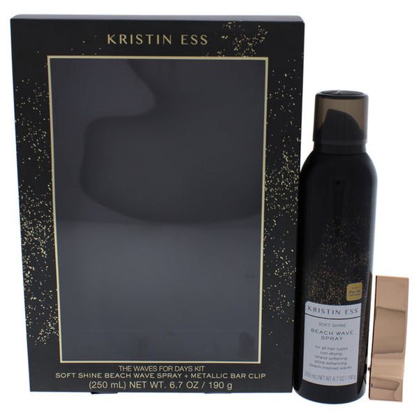 Kristin Ess Beach Wave Spray Plus Metallic Gold Bar Clip Kit by Kristin Ess for Unisex - 2 Pc 6.7oz Hair Spray, Metallic Gold Bar Clip