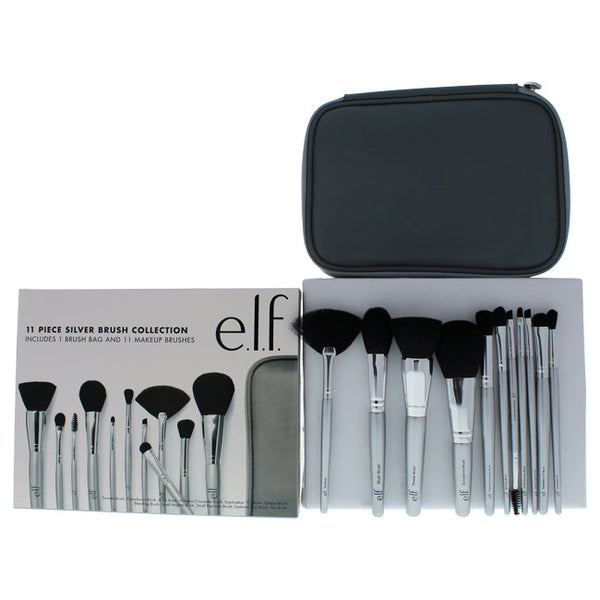 e.l.f. Silver Brush Collection by e.l.f. for Women - 11 Pc Set Eyeshadow C Brush, Eyebrow Duo Brush, Blending Brush, Small Angled Brush, Small Precision Brush, Crease Brush, Complexion Brush, Fan Brush, Powder Brush, Flawless Concealer Brush, Blush Brush