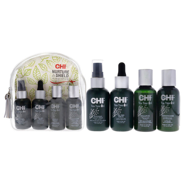 CHI Tea Tree Nurture and Shield Kit by CHI for Unisex - 4 Pc 2oz Tea Tree Oil Soothing Scalp Spray, 2oz Tea Tree Oil Serum, 2oz Tea Tree Oil Shampoo, 2oz Tea Tree Oil Conditioner