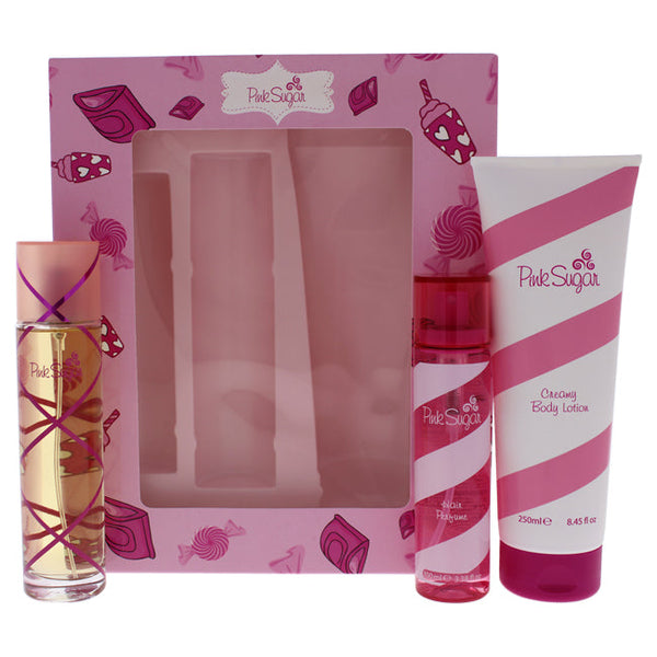 Aquolina Pink Sugar by Aquolina for Women - 3 Pc Gift Set 3.4oz EDT Spray, 8.45oz Creamy Body Lotion, 3.38oz Hair Perfume