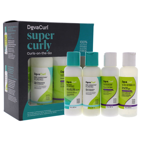 DevaCurl Super Curly Curls-On-The-Go Kit by DevaCurl for Unisex - 4 Pc 3oz No-Poo Decadence Zero-Lather Ultra Cleanser, 3oz One Condition Decadence Milk Conditioner, 3oz Ultra Defining Gel, 3oz Super Cream