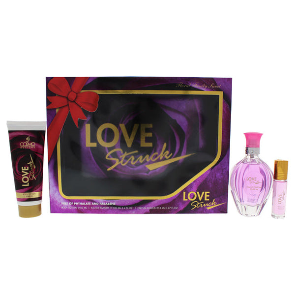Cosmo Designs Love Struck by Cosmo Designs for Women - 3 Pc Gift Set 3.4oz EDT Spray, 0.27oz Perfume Roll On, 1.7oz Body Lotion