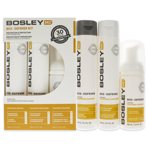 Bosley Bos Defense Color Safe Kit by Bosley for Unisex - 3 Pc 5.1oz Nourishing Shampoo, 5.1oz Volumizing Conditioner, 3.4oz Thickening Treatment