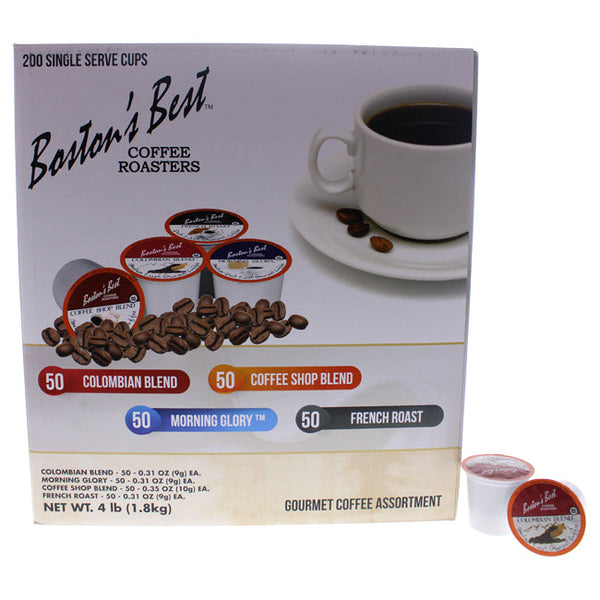 Bostons Best Gourmet Coffee Assortment by Bostons Best for Unisex - 200 Cups 50 Cup Colombian Blend, 50 Cup Morning Glory, 50 Cup Coffee Shop Blend, 50 Cup French Roast