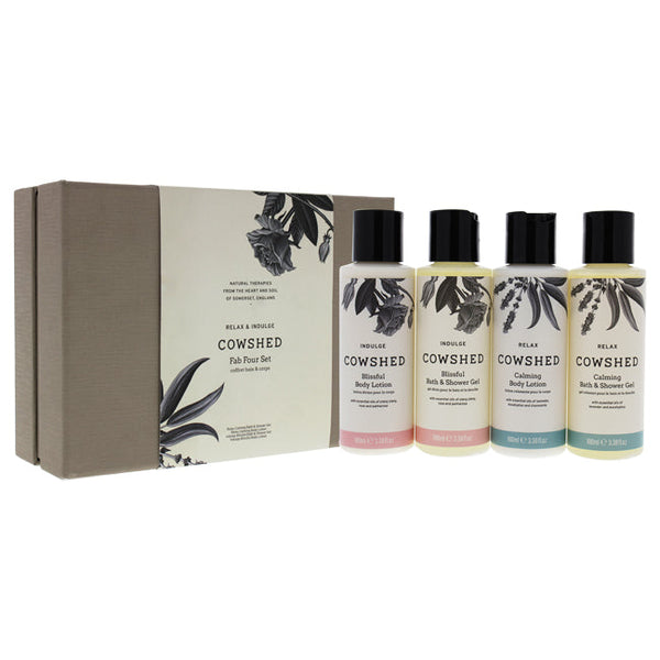 Cowshed Relax and Indulge Fab Four Set by Cowshed for Women - 4 x 3.38 oz Relax Calming Bath and Shower Gel, Relax Calming Body Lotion, Indulge Blissful Bath and Shower Gel, Indulge Blissful Body Lotion
