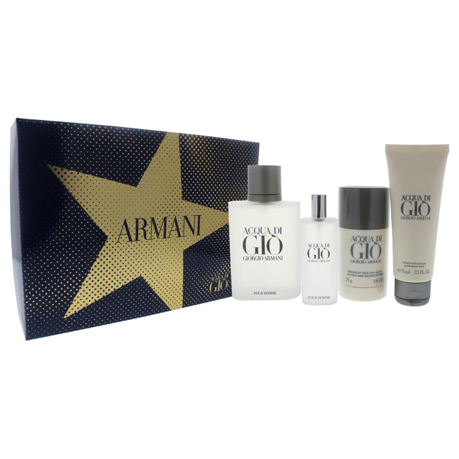 Giorgio Armani Acqua Di Gio by Giorgio Armani for Men - 4 Pc Gift Set 3.4oz EDT Spray, 0.5oz EDT Spary, 2.6oz Alcohol Free Deodorant Stick, 2.5oz After Shave Balm