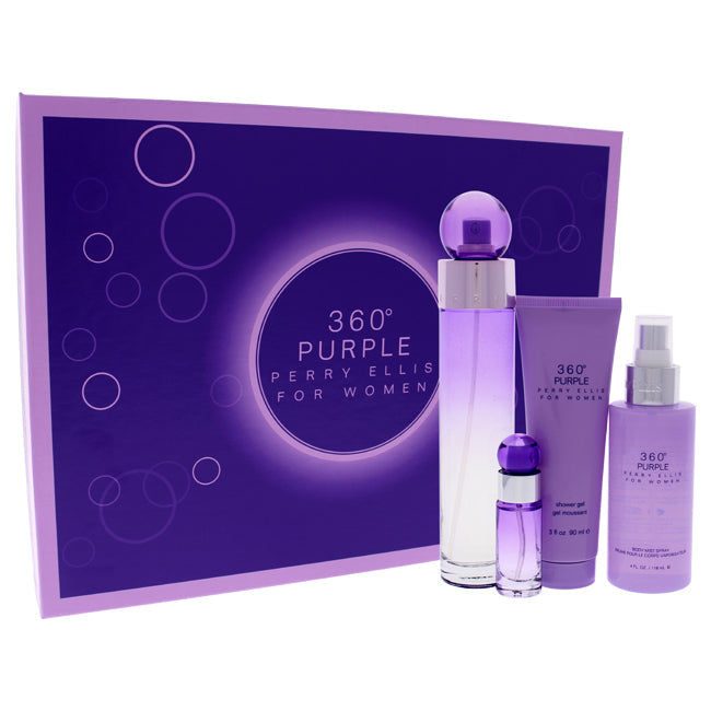 Perry Ellis 360 Purple by Perry Ellis for Women - 4 Pc Gift Set 3.4oz EDP Spray, 7.5ml EDP Mini Spray, 4oz Body Mist, 3oz Shower Gel