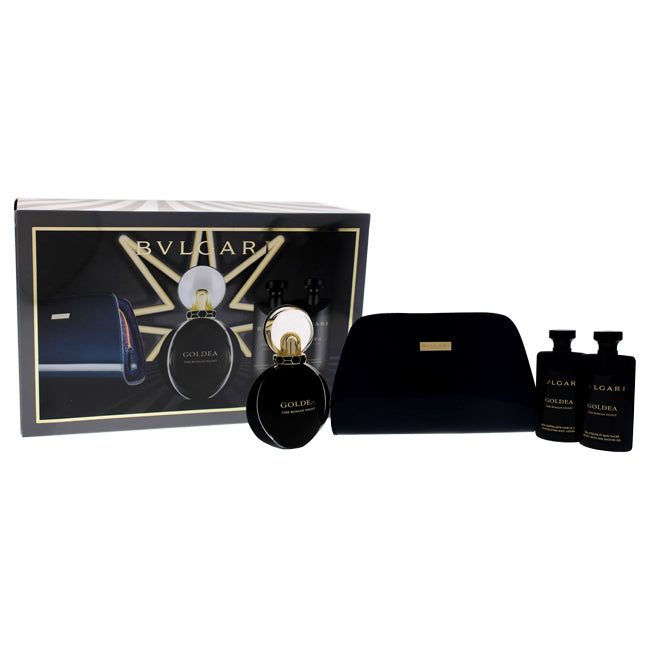 Bvlgari Goldea The Roman Night by Bvlgari for Women - 4 Pc Gift Set 2.5oz EDP Sensual Spray, 2.5oz Perfumed Body Lotion, 2.5oz Perfumed Bath and Shower Gel, Beauty Pouch