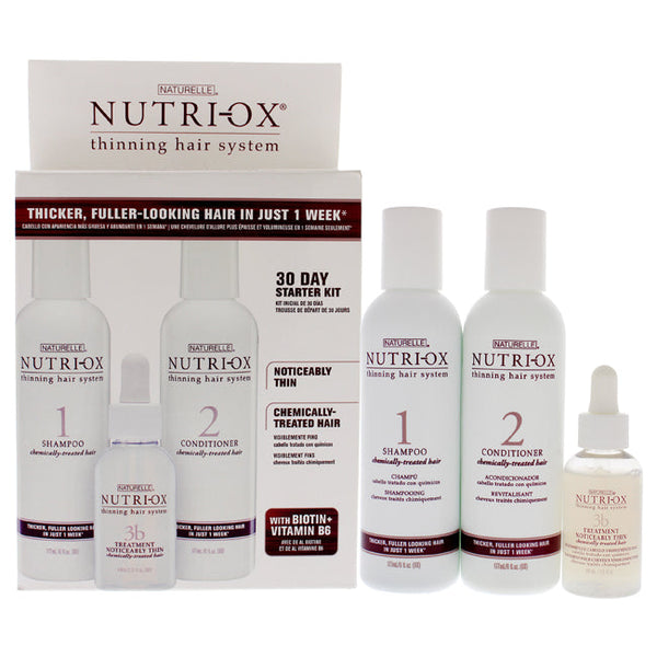 Nutri-Ox Extremely Thin Chemically Treated Hair Starter Kit by Nutri-Ox for Unisex - 3 Pc Gift Set 6oz Shampoo Chemically-Treated, 6oz Conditioner Chemically-Treated, 1.5oz Treatment for First Signs Noticeably Thin Chemically-Treated