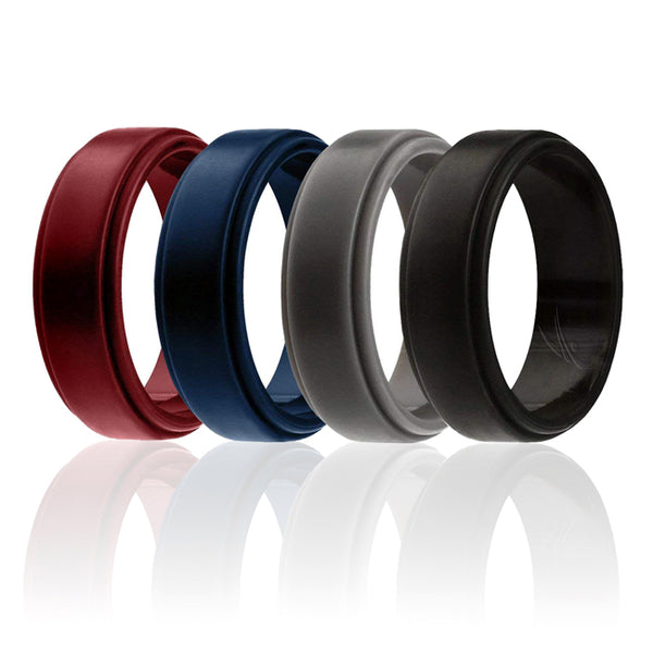 ROQ Silicone Wedding Ring - Step Edge Style Set by ROQ for Men - 4 x 7 mm Bordeaux, Black, Grey, Blue