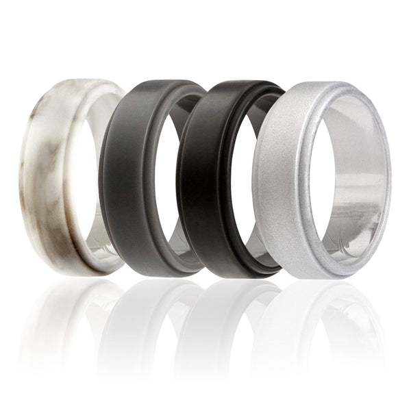 ROQ Silicone Wedding Ring - Step Edge Style Set by ROQ for Men - 4 x7 mm Marble, Black, Grey, Silver