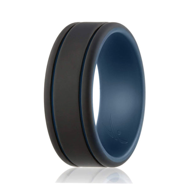 ROQ Silicone Wedding Ring - Duo Collection 2 Thin Lines - Blue-Black by ROQ for Men - 7 mm Ring