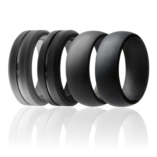 ROQ Silicone Wedding Ring - Engraved Middle Line and Dome Style Set by ROQ for Men - 4 x 15 mm 2-Black, 2-Grey
