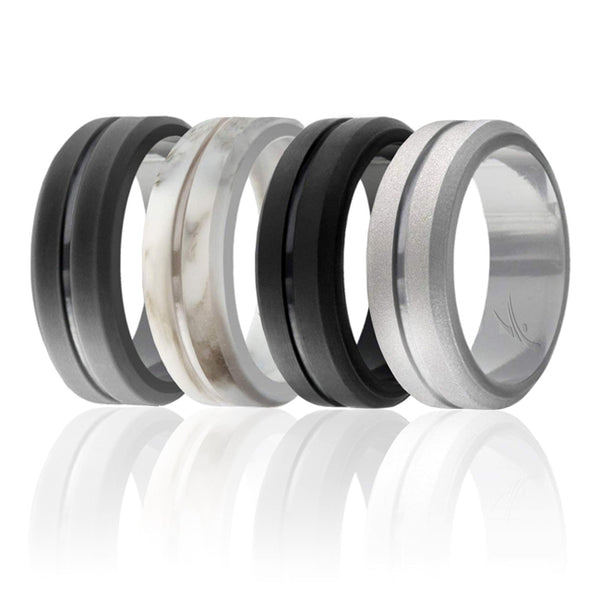 ROQ Silicone Wedding Ring - Engraved Middle Line Set by ROQ for Men - 4 x 15 mm Marble, Black, Grey, Silver