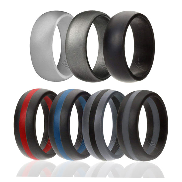 ROQ Silicone Wedding Ring - Dome Style with Middle Line Set by ROQ for Men - 7 x 7 mm Light Grey, Platinum, Black, Black with Thin Red Line, Black with Thin Blue Line, Grey with Black Line, Black with Grey Line