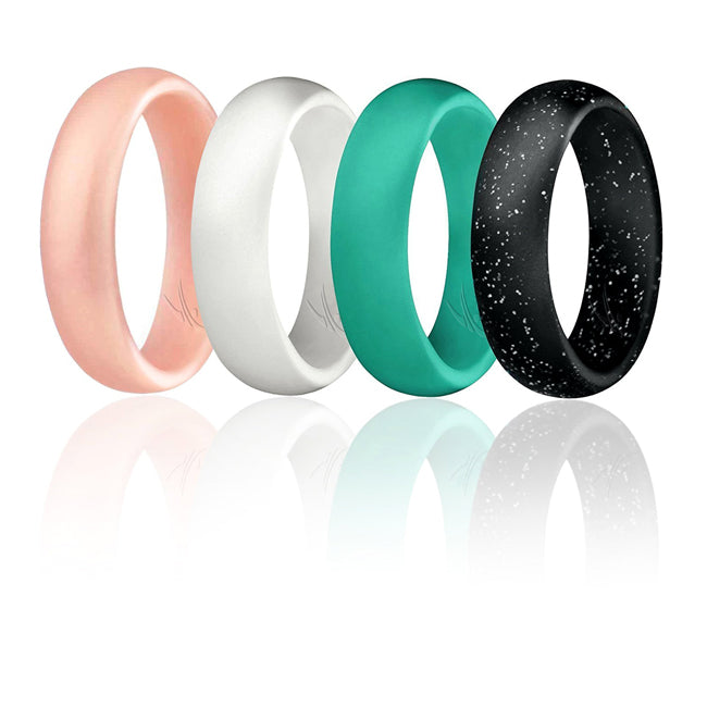 ROQ Silicone Wedding Ring - Dome Style Set by ROQ for Women - 4 x 7 mm Turquoise, Rose Gold, White, Black with Glitter Silver