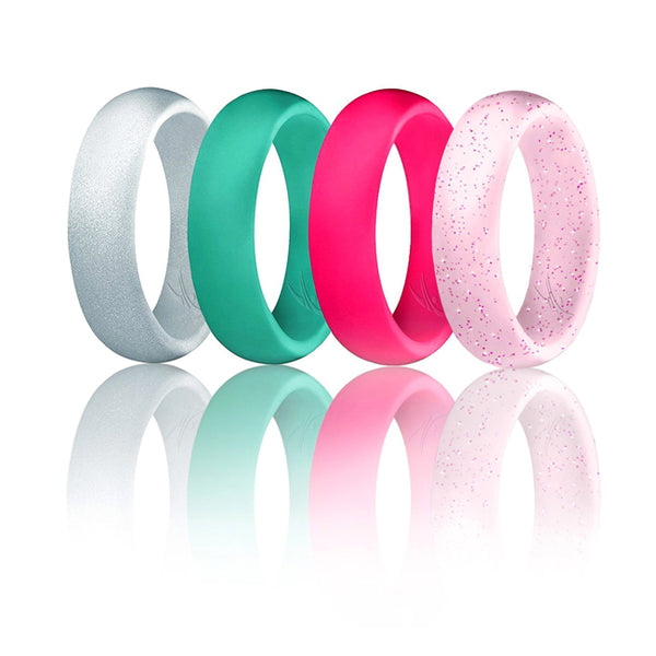 ROQ Silicone Wedding Ring - Dome Style Set by ROQ for Women - 4 x 5 mm Pink, Turquoise, White with Pink Glitter, Silver