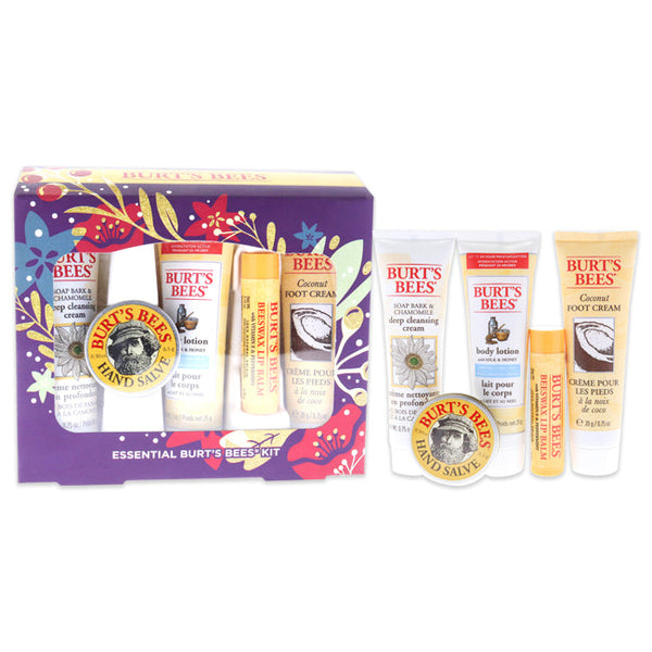 Burts Bees Essential Burts Bees Kit by Burts Bees for Unisex - 5 Pc 1oz Body Lotion With Milk and Honey, 0.3oz Hand Solve, 0.75oz Soap Bark and Chamomile Deep Cleansing Cream, 0.75oz Coconut Foot Cream, 0.15oz Beeswax Lip Balm With Vitamin E and Peppermin