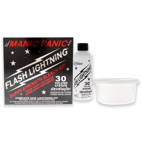 Manic Panic Flash Lightning Bleach Kit - 30 Volume by Manic Panic for Unisex - 6 Pc Kit 1.34oz Dust-Free Bleach Powder, 4oz 30-Volume Cream Developer, 1 Plastic Mixing Tub, 1 Tint Brush, 1 Plastic Cap, 1 Set of Plastic Gloves