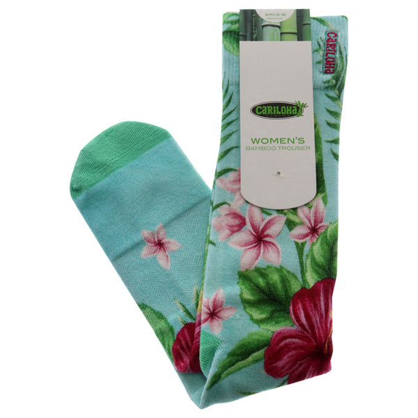Bamboo Printed Trouser Socks - Hibiscus Floral Aqua by Cariloha for Women - 1 Pair Socks (S/M)
