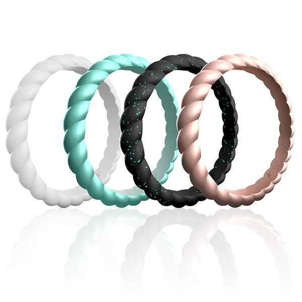 Silicone Wedding Stackble Braided Ring Set - Aqua-Rose by ROQ for Women - 4 x 5 mm Ring