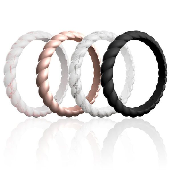 Silicone Wedding Stackble Braided Ring Set - Marble by ROQ for Women - 4 x 8 mm Ring