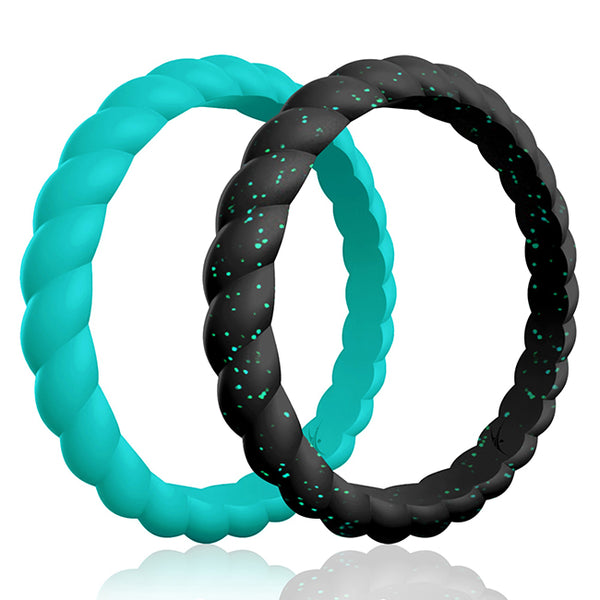 Silicone Wedding Stackble Braided Ring Set - Turquoise by ROQ for Women - 2 x 5 mm Ring