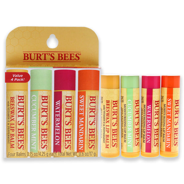 Burts Bees Freshly Picked Moisturizing Lip Balm Blister Pack by Burts Bees for Unisex - 4 x 0.15 oz Lip Balm Watermelon, Sweet Mandarin, Beeswax, Cucumber Mint