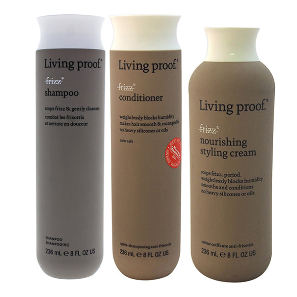Living Proof No Frizz Shampoo Conditioner and Cream Kit by Living Proof for Unisex - 3 Pc Kit 8oz Conditioner, 8oz Nourishing Styling Cream