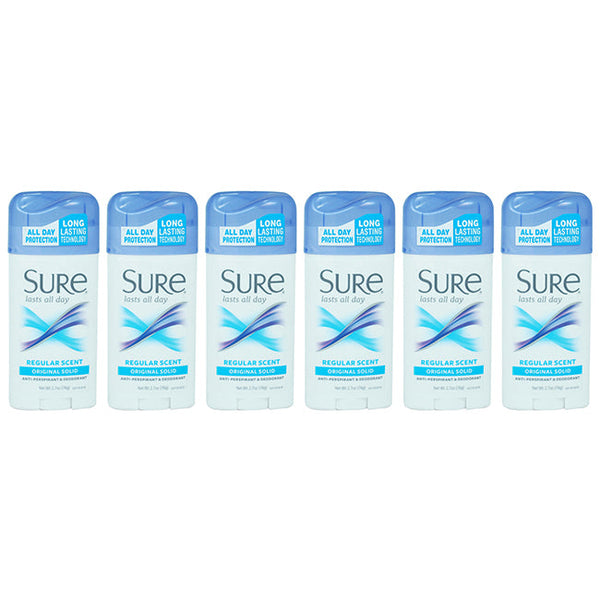 Sure Original Solid Regular Scent AntiPerspirant Deodorant by Sure for Unisex - 2.7 oz Deodorant Stick - Pack of 6