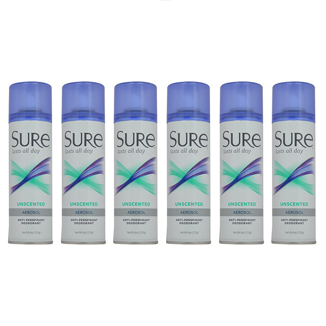 Sure Aerosol Unscented Anti-Perspirant and Deodorant by Sure for Unisex - 6 oz Deodorant Spray - Pack of 6