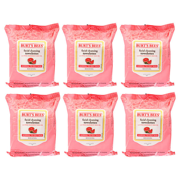 Facial Cleansing Towelettes - Pink Grapefruit by Burts Bees for Unisex - 30 Count Towelettes - Pack of 6
