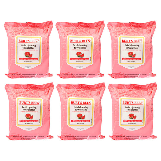 Facial Cleansing Towelettes - Pink Grapefruit by Burts Bees for Unisex - 30 Count Towelettes - Pack of 6