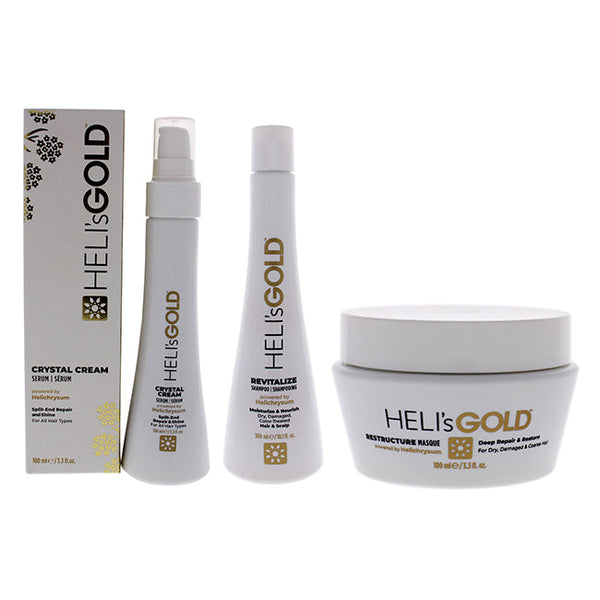 Helis Gold The Revival Series Kit by Helis Gold for Unisex - 3 Pc Pc Kit 3.3oz Crystal Cream Serum, 10.1oz Revitalize Shampoo, 3.3oz Restructure Masque